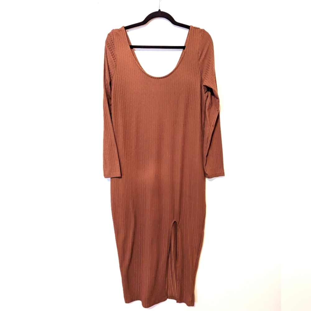 Brown Ribbed Front Slit Midi Dress
